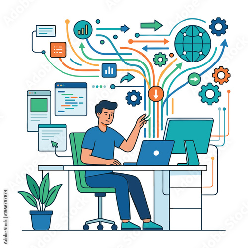 A man sits at a desk with a laptop and monitor displaying various graphs and charts in an office.