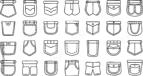 Fashion Clothing Pocket Outline Vector Pack Isolated on White Background