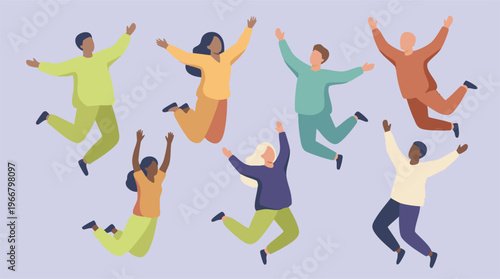 Happy diverse men and women jumping in air, flat illustration