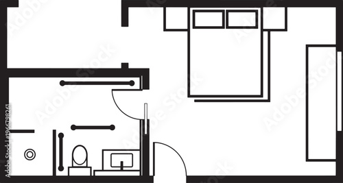 Elegant monochrome floor plan of a contemporary master bedroom with a luxurious en-suite bathroom.  Revealing the design.