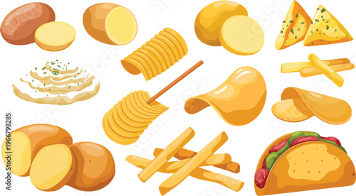 Flat colorful illustration of potato varieties featuring spiral chips, french fries, potato wedges, mashed potatoes, slices, and potato taco in grid layout