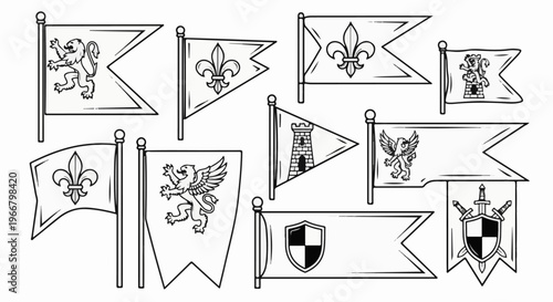 A collection of medieval banners featuring heraldic symbols and mythical creatures