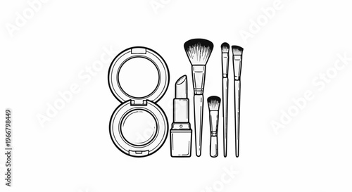 A collection of makeup items, including powder compacts, lipstick, and brushes, depicted in black and white