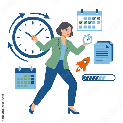 Businesswoman manages time with calendars and clock in office