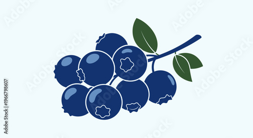 Vibrant cluster of ripe blueberries with fresh green leaves on a thin branch depicted in a clean modern flat design style against a soft solid light blue background symbolizing