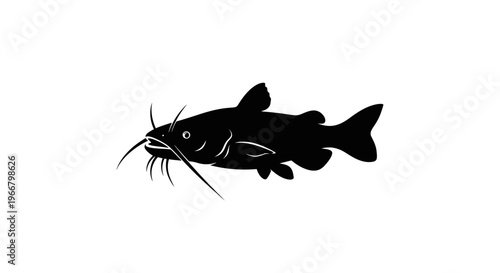 Silhouette of a catfish with prominent barbels representing aquatic life and fishing isolated on a clean white background symbolizing nature and simplicity