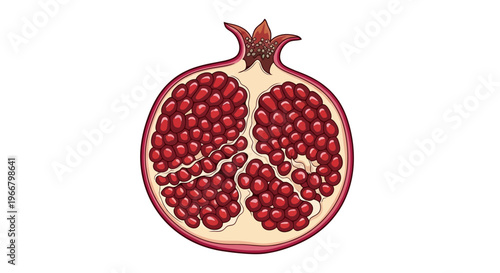 Vibrant cross section of a ripe pomegranate revealing juicy arils showcasing the rich texture and deep red color of this healthy exotic fruit isolated on a clean white background