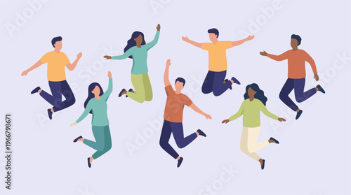 Diverse Group of Happy People Jumping in the Air, Flat Vector Illustration