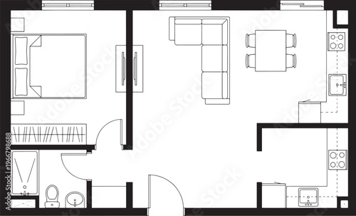 Minimalist black and white top-down view of an apartment, providing a comprehensive layout. It's a stark, uncluttered representation perfect for design and real estate concepts.