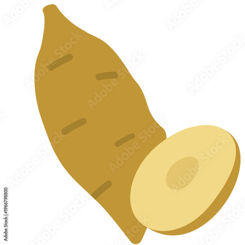 Fotografija Brown potato with sliced piece, root vegetable, cooking ingredient, healthy food, starchy tuber, kitchen essential, and fresh produce illustration