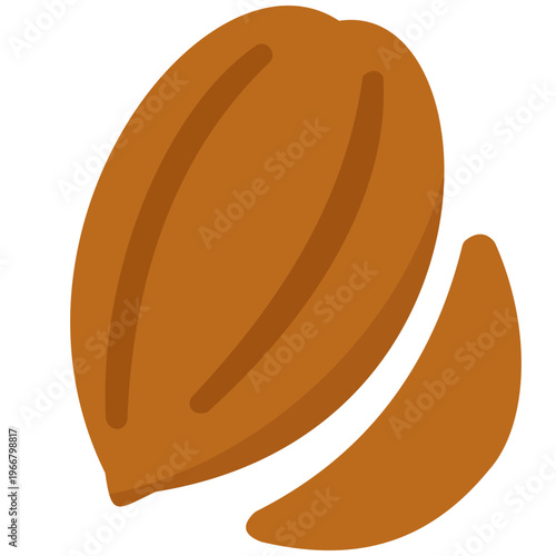 Brown almond nut, healthy snack, vegetable icon, natural ingredient, cooking essential, nutritious food, and organic kitchen illustration.