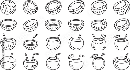 Coconut Drink Outline Icons Collection for Tropical Beverage and Summer Design