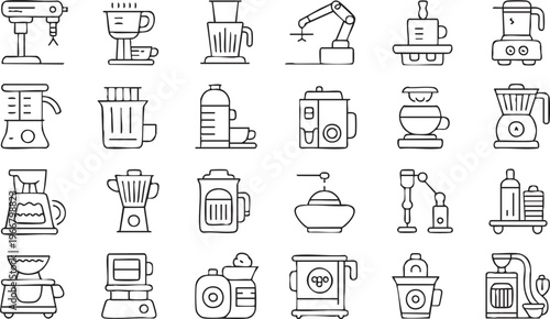 Editable Coffee Machine Icons for Beverage Preparation and Kitchen Design