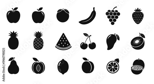 Collection of black silhouette icons representing a diverse assortment of fresh fruits including apples bananas grapes strawberries pineapples watermelon slices cherries mangoes