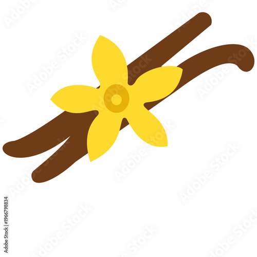 Vanilla beans with yellow flower, spice ingredient, cooking herb, vegetable icon, natural flavor, aromatic kitchen essential illustration.