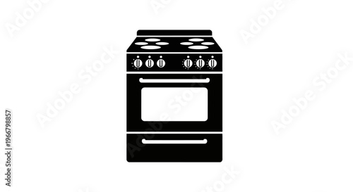 Classic freestanding electric kitchen stove with four burners on top and a large oven below presented as a clean black silhouette against a stark white background symbolizing home