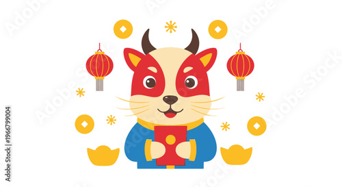 Festive cartoon ox character with lanterns coins and a red envelope on transparent background silhouette