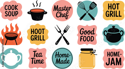 Retro cooking and food icon collection featuring steaming pots, crossed utensils, grill symbols and chef theme minimalist design