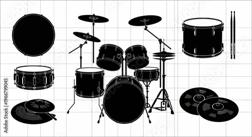 Complete drum kit silhouette with cymbals snares toms bass drum and drumsticks isolated on white grid background professional musical instrument for recording studio or live