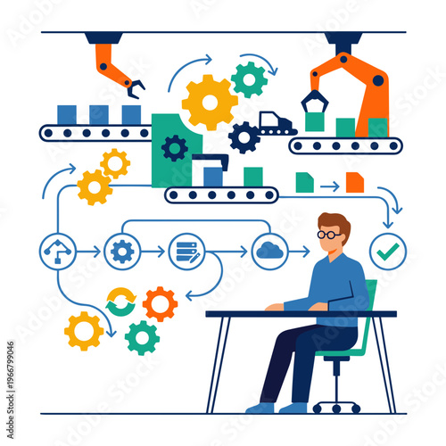 A man operates a computer while robotic arms assemble industrial parts on a production line with various mechanical components and workflow diagrams.
