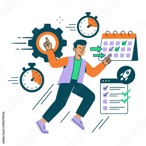 A man efficiently manages time and tasks with a calendar and checklist.