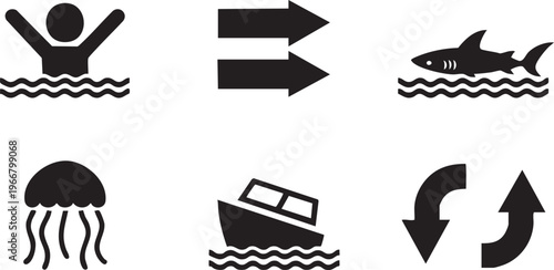 Water Safety Warning Icons Collection with Shark Jellyfish and Drowning Symbols