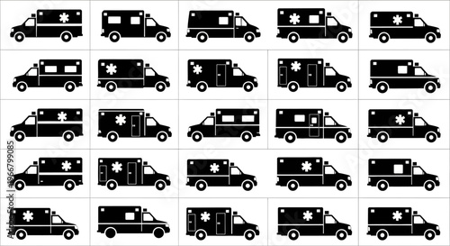 Collection of diverse ambulance silhouettes representing emergency medical services healthcare transport and critical care vehicles for public safety and rescue operations graphics