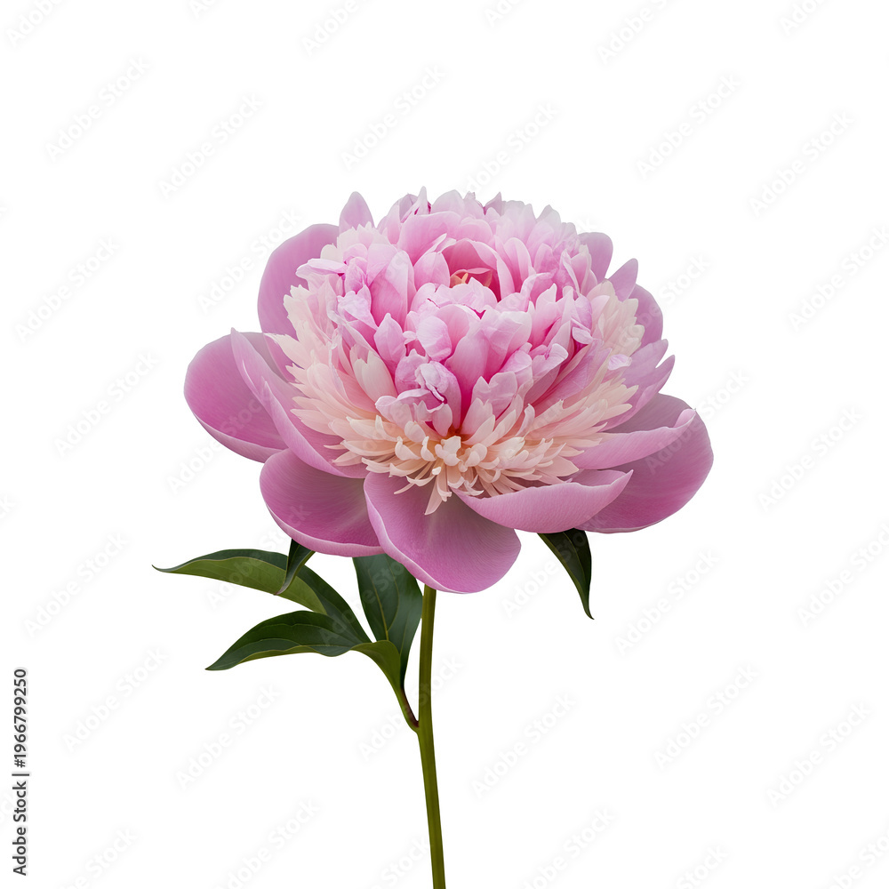Obraz premium Pink peony flower with green leaves isolated on white background 1.