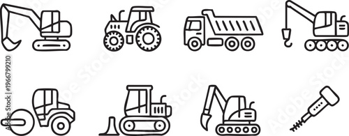 Excavator Bulldozer and Crane Icon Set for Industrial and Engineering Graphics