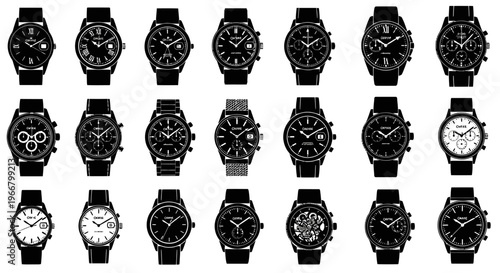 Collection of diverse wristwatches displayed in a grid layout showcasing various styles from classic to modern with different straps and dials isolated on a white background