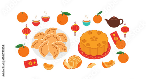 Festive mid autumn celebration with food and decor on transparent background silhouette