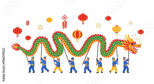 Chinese new year dragon dance illustration on transparent background silhouette