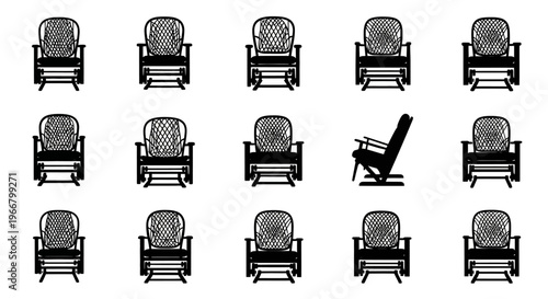 Collection of identical wicker rocking chairs arranged in a grid with one distinct black silhouette rocking chair standing out symbolizing individuality and uniqueness