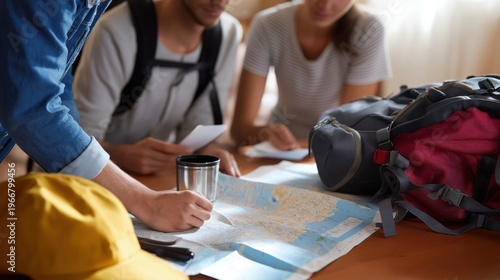 Group of travelers planning route with paper map and backpacks on table indoors.