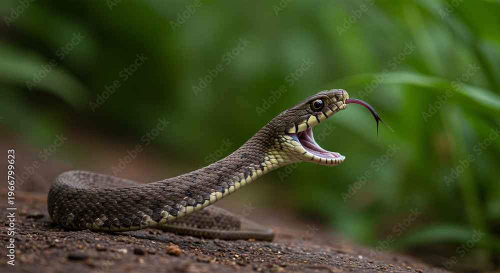 Fototapeta premium Venomous Snake with Open Mouth Showing Fangs and Forked Tongue in Natural Forest Setting