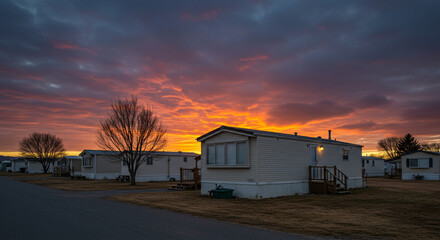 Mobile Home Community Sunset Scene with Colorful Sky and Bare Trees