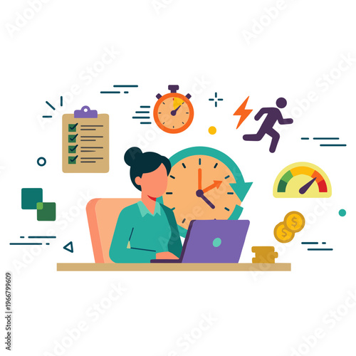 A woman works on her laptop surrounded by a clipboard, clock, and productivity symbols in an office.
