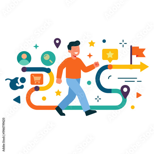 A man walks along a winding path with various symbols and icons.