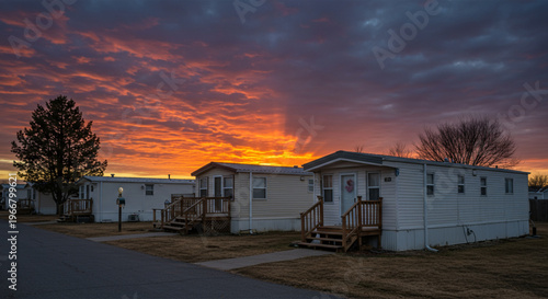 Mobile Home Community Sunset Scene with Colorful Sky and Cozy Prefab Houses