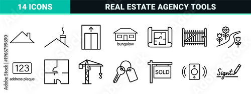 Real Estate Property Management and Residential Housing Minimalist Monoline Geometric Line Art Outline Symbols for Commercial Use