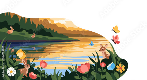Scenic lakeside illustration with deer rabbits and butterflies on transparent background silhouette