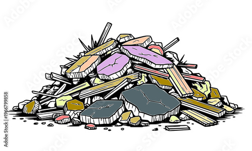 Pile of construction debris and rubble illustration featuring mixed waste materials including broken wood, stones, and demolition scraps, ideal for recycling, environment, and waste management concept