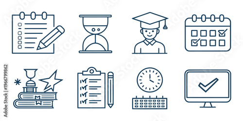Clean Aesthetic Line Icon Set for Academic and Productivity Theme, Ultra Minimal Stroke Design, Consistent Thickness Vector Icons on White Background