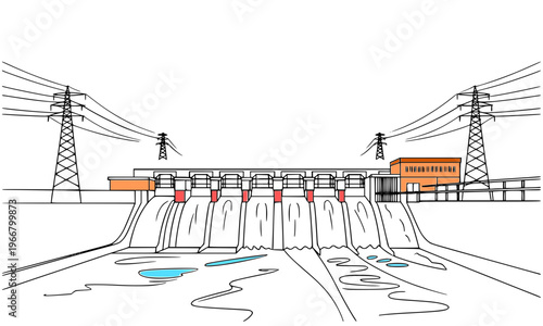 Hydroelectric Dam with Power Transmission Towers — Colored Line Art Vector Illustration of Water Energy Infrastructure for Editorial, Educational, and Environmental Design Use