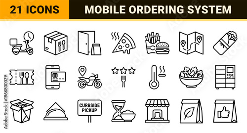 Food Delivery and Online Ordering Minimalist Monoline Icon Set for Mobile Apps and Logistics Interfaces featuring Geometric Line Art Style.