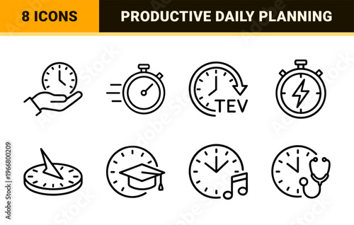 Time Management Minimalist Monoline Line Art Chronometry Productivity Planning Efficiency Outline Symbols for Commercial Business Design