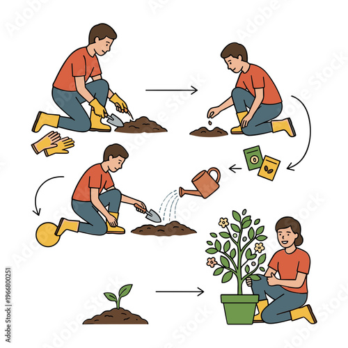 Man planting seeds and nurturing a flower in garden steps