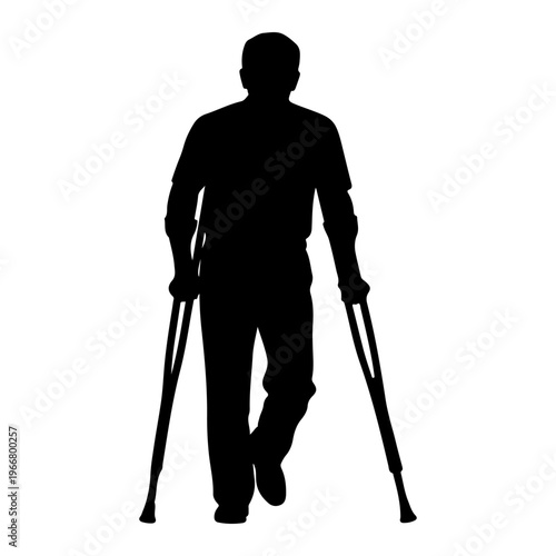 Man walking with crutches, silhouette, flat design vector illustration