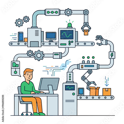 A man operates a computer in an industrial setting with machinery and robots.