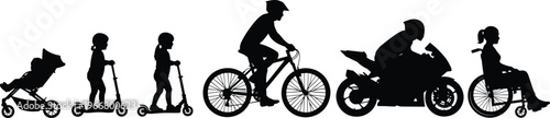 Set of black silhouettes featuring people using various transport modes including a stroller, scooters, bicycle, motorcycle, and a wheelchair.